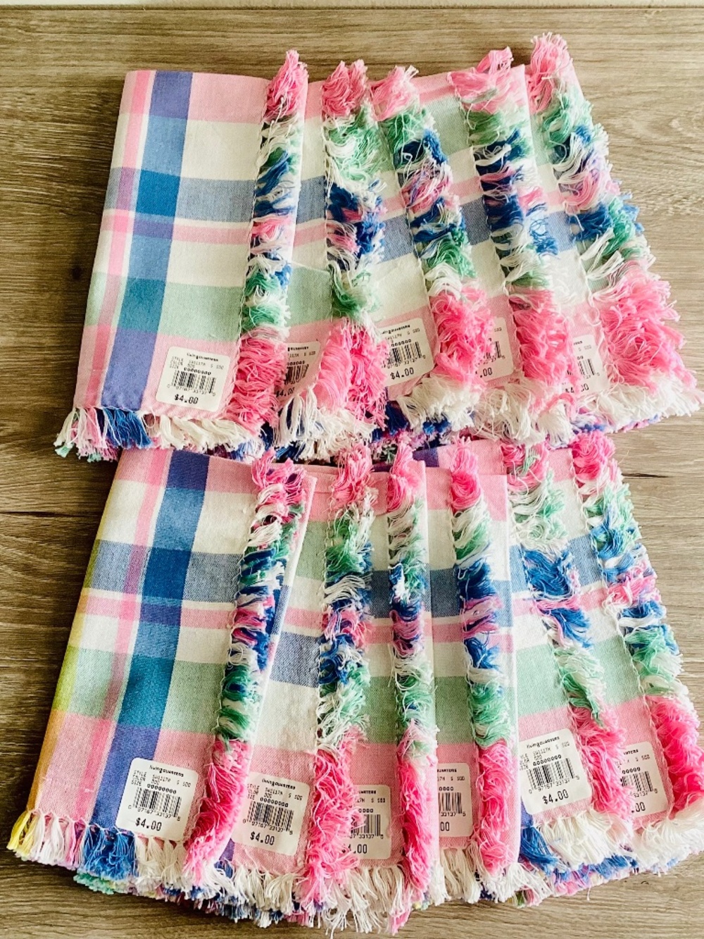 Vintage Living Quarters pastel plaid napkins Lot Of 11 Cotton India Fringed Pink